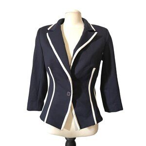 New York & Company Stretch Vintage Navy Blue Piped Collared Blazer Sz Medium Wom
